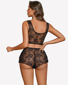 Black sheer lace pajama bra and panty set, back scoop neckline
