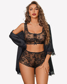 Black sheer lace pajama bra and panty set with front bows