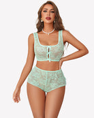 Light green sheer lace pajama bra and panty set with front bow tie