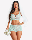 Light green sheer lace pajama bra and panty set with front keyhole bow