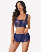 Navy blue sheer floral lace bra and panty set with front bow ties