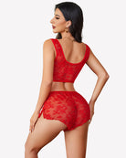 Red sheer floral lace bra and panty set with low back and front bow