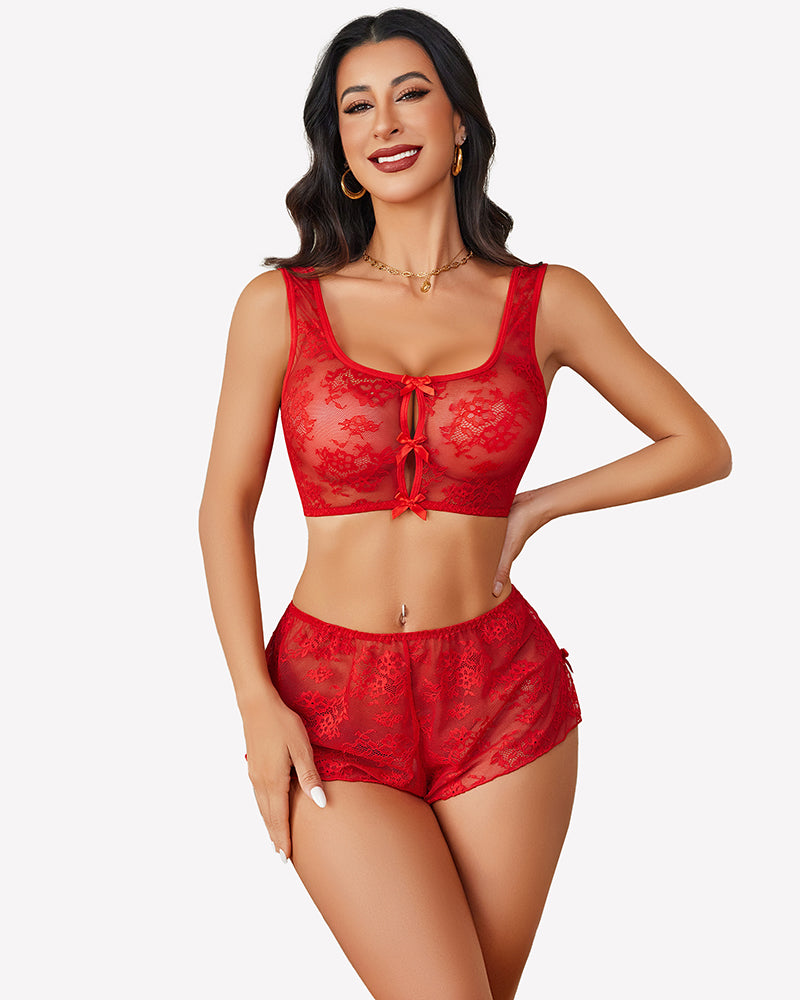 Red sheer floral lace bra and panty set with front bow and lace shorts