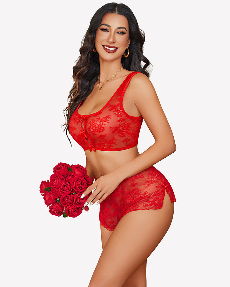 Red sheer floral lace bra and lace shorts with center bow cutout
