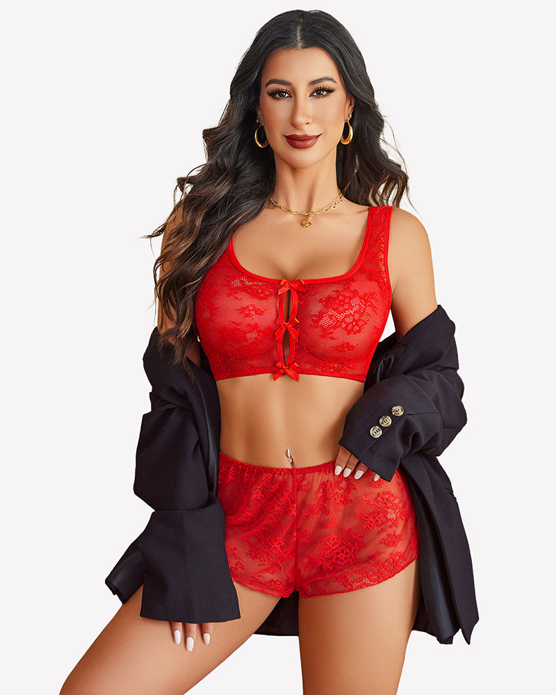 Red sheer floral lace bra and panty set with front bow, matching lace shorts