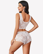 White sheer floral lace bra and panty set, scoop back with bow detail