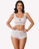White sheer floral lace bra and panty set with center bow