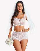 White sheer floral lace bra and panty set with center cutout bow