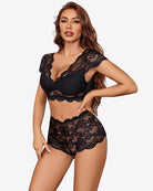 Black lace bra and matching lace panty set, front view with V-neck lace trim