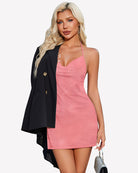 Pink glitter V-neck backless mini dress with high slit and halter straps