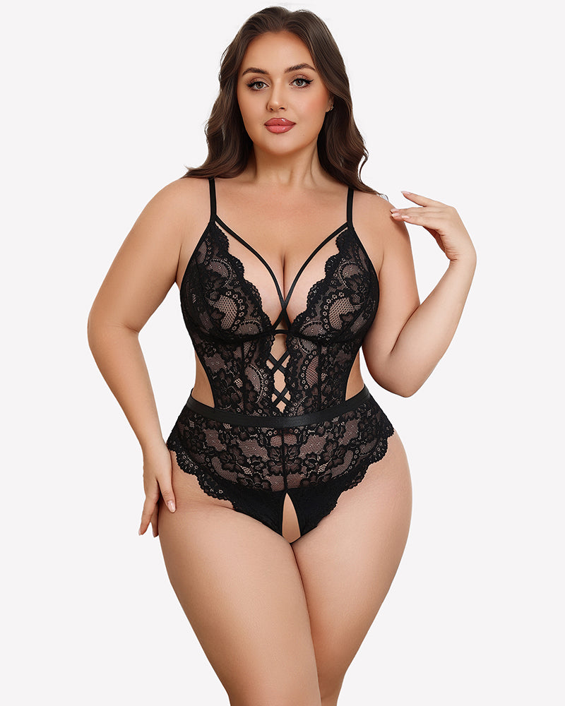 Lace teddy bodysuit with deep V neckline, lace panels, and front cutout in black