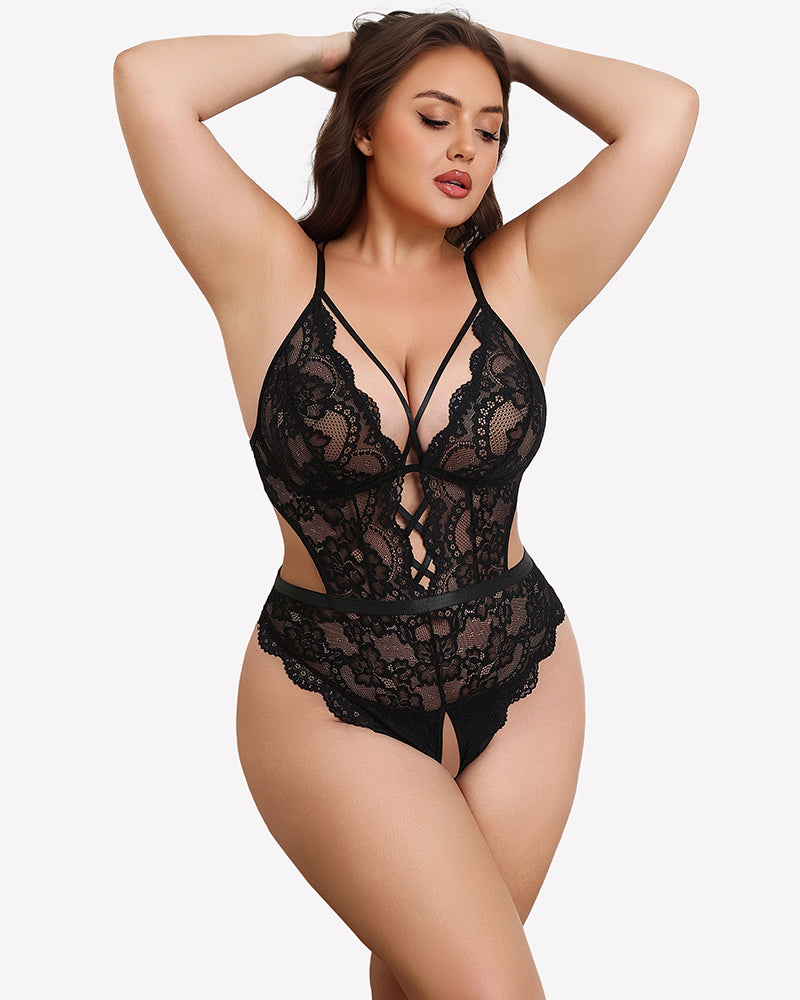 Black lace teddy bodysuit with deep V neckline, lace trim, and front cutout detail