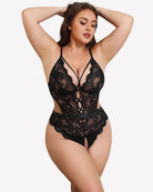 Black lace teddy bodysuit with deep V neckline, lace trim, and front cutout detail