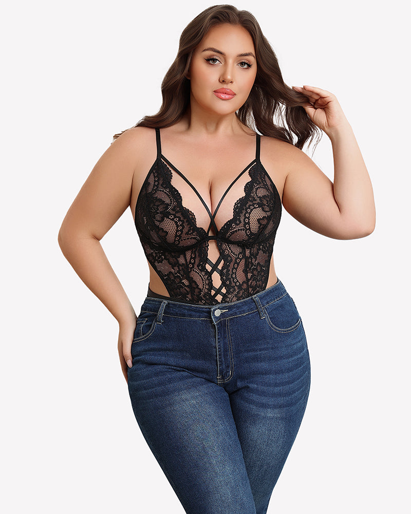 Black lace teddy bodysuit with deep V neckline and front cutout, sheer lace overlay