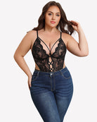 Black lace teddy bodysuit with deep V neckline and front cutout, sheer lace overlay