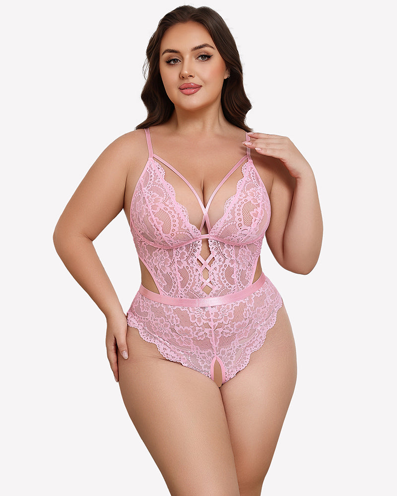Lace teddy bodysuit with deep V neckline, front cutout, and lace trim in light pink