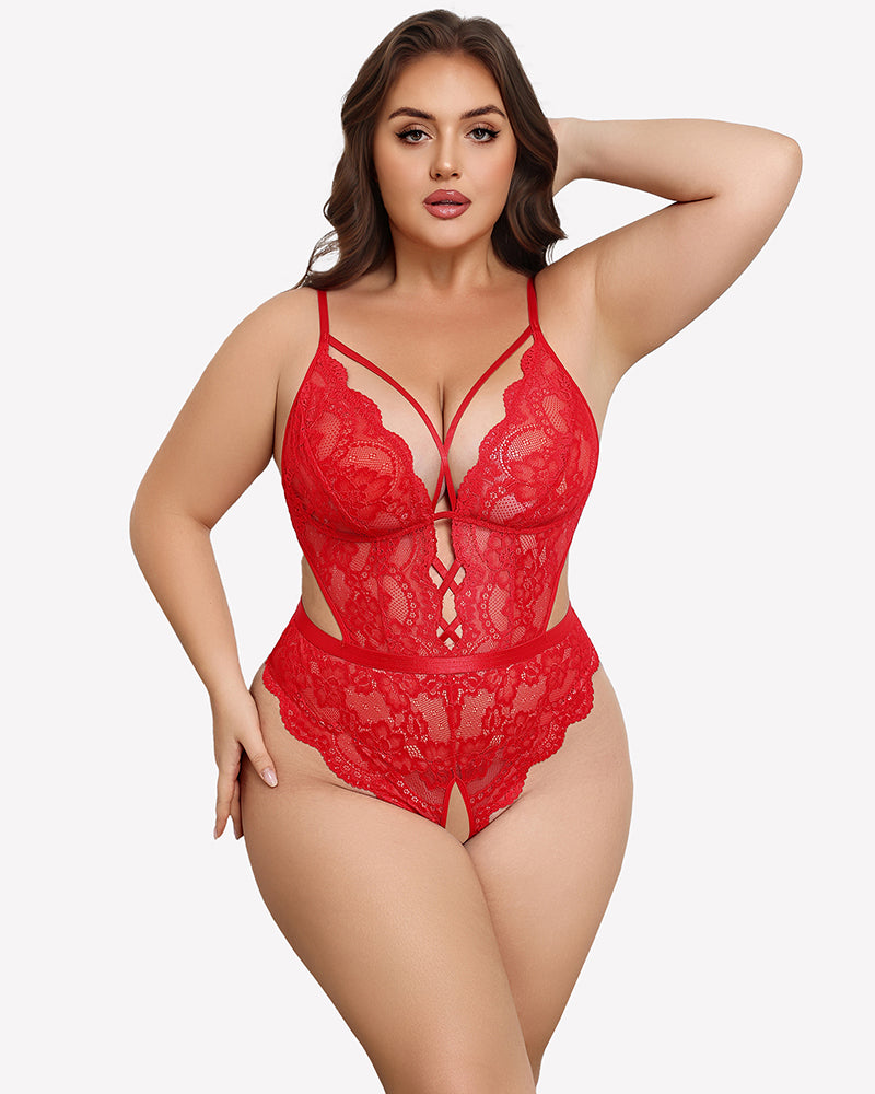 Red lace deep V bodysuit with cut-out waist and scalloped trim
