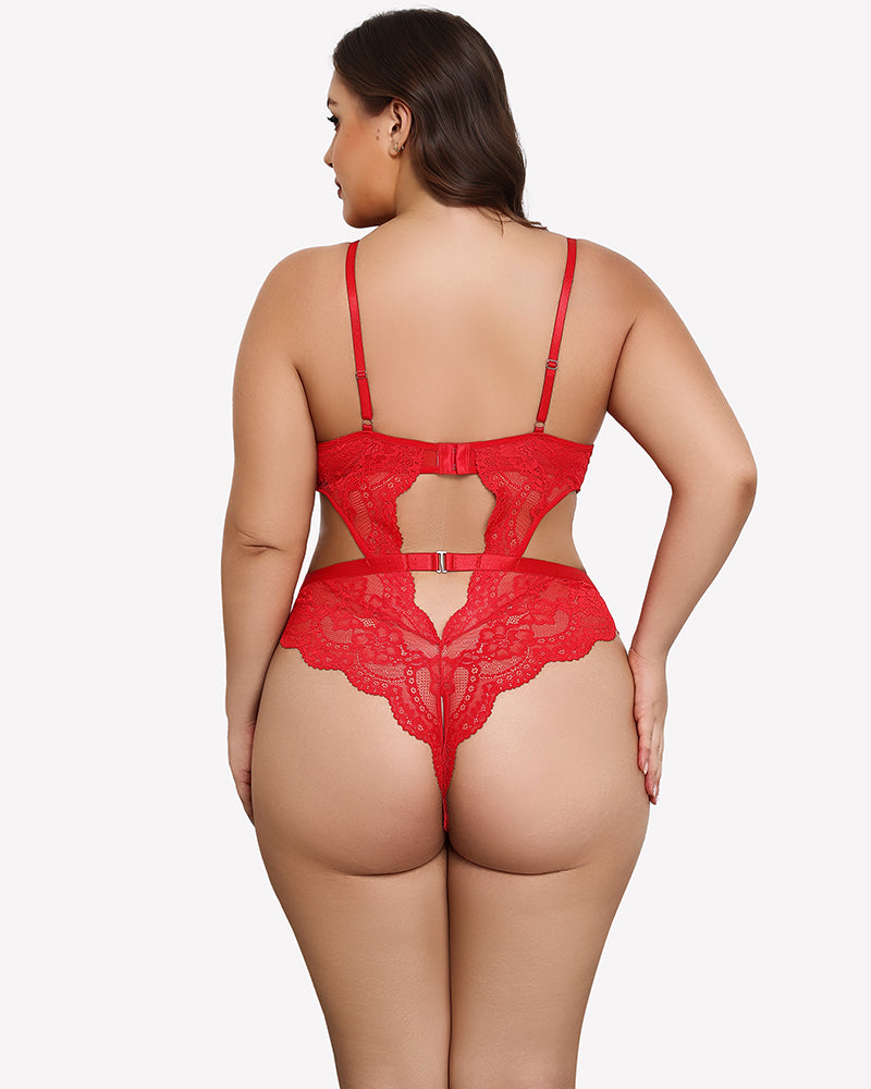 Red lace teddy bodysuit, open back with crisscross strap detail