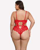 Red lace teddy bodysuit, open back with crisscross strap detail