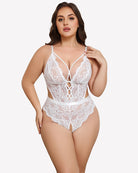 Lace teddy bodysuit with deep V neckline, front cutout, and lace trim in white