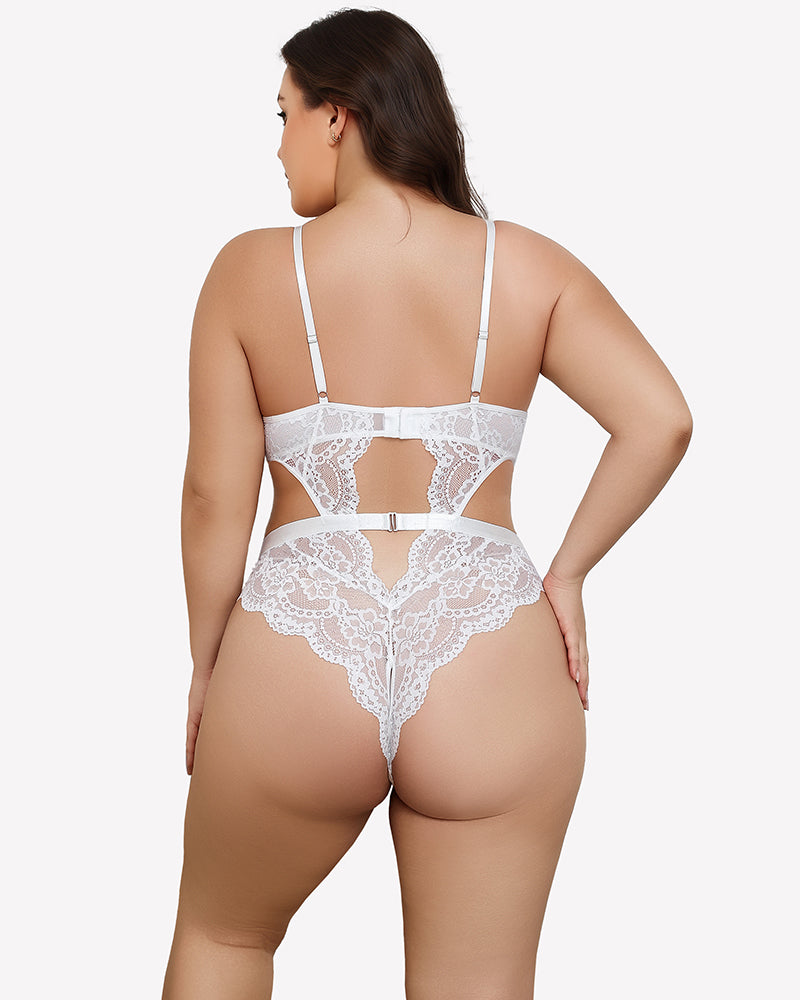 White lace teddy bodysuit back view with straps, keyhole cutout, and lace trim