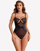 Deep V lace teddy bodysuit in black, sheer one-piece with lace cups