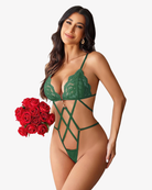 Green lace V-neck cut-out teddy bodysuit with crisscross straps and thong bottom