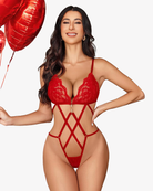 Red lace V-neck cut-out teddy bodysuit with crisscross straps and thong bottom