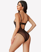 Black sheer lace backless teddy bodysuit with lace straps and cutout back