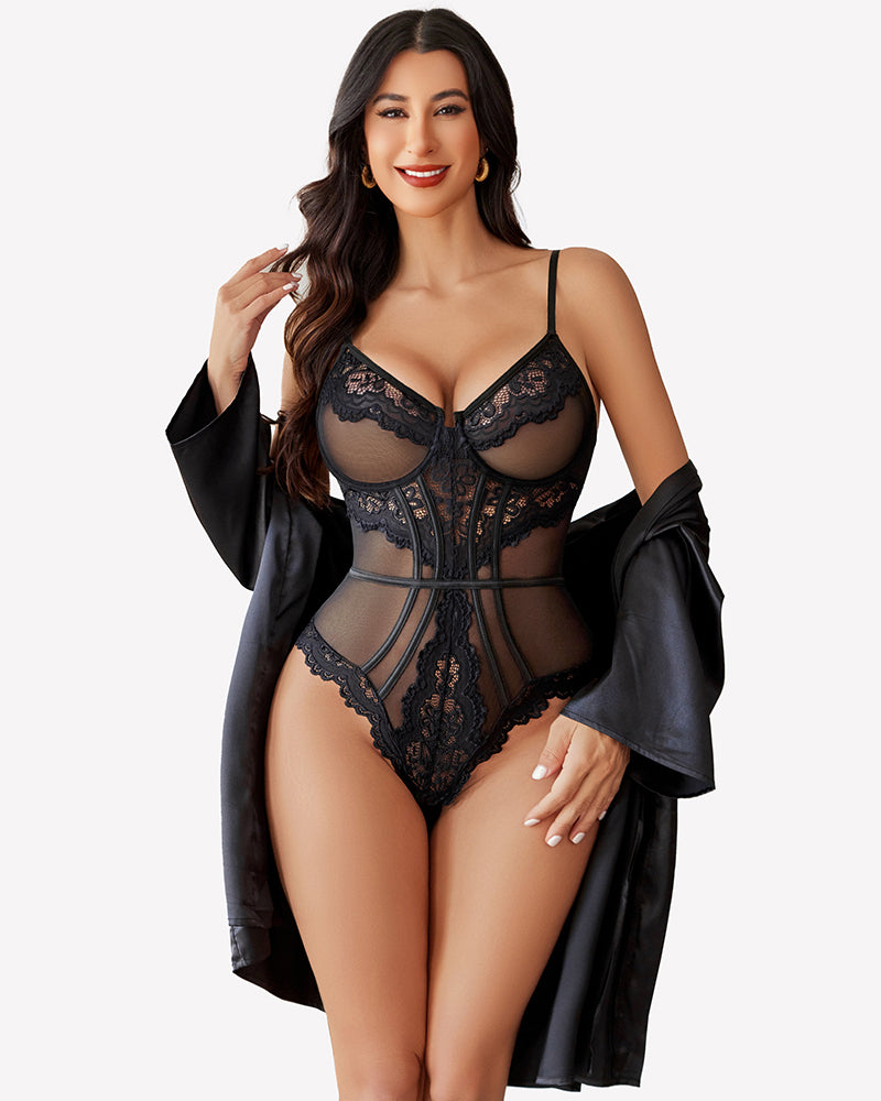 Black sheer lace V-neck teddy bodysuit with lace panels and high-cut leg