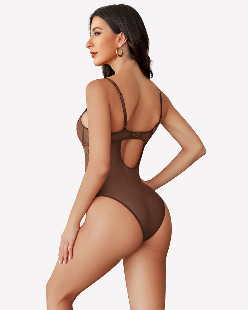 Brown sheer lace backless teddy bodysuit with cutout back and lace straps