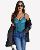 Blue sheer lace V-neck teddy bodysuit with lace cups and corset-style front