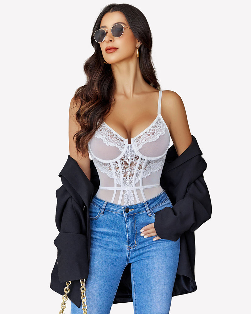 White sheer lace bodysuit teddy with V-neck and decorative lace front panel