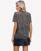 Mesh sheer top with crew neck, short sleeves, leopard print, back view
