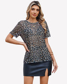 Mesh sheer top with crew neck, short sleeves, leopard print, loose fit