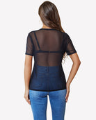 Mesh sheer top with crew neck, short sleeves, black transparent back view