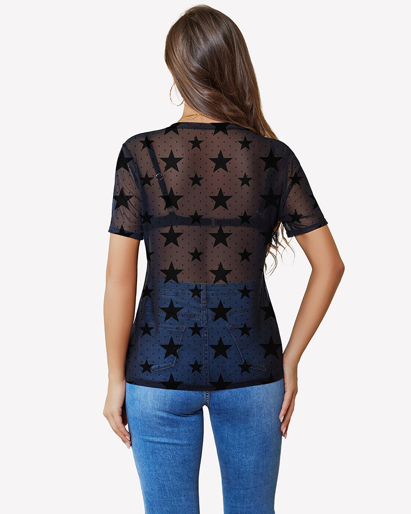 Black mesh sheer crew neck blouse, back view, star print, short sleeves.