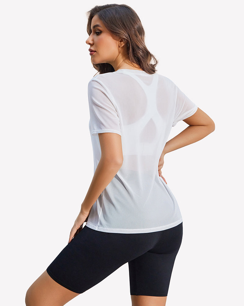 Mesh sheer top with crew neck, short sleeves, white drapey loose fit, side/back view