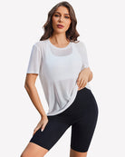 Mesh sheer top with crew neck, short sleeves, white drapey loose fit