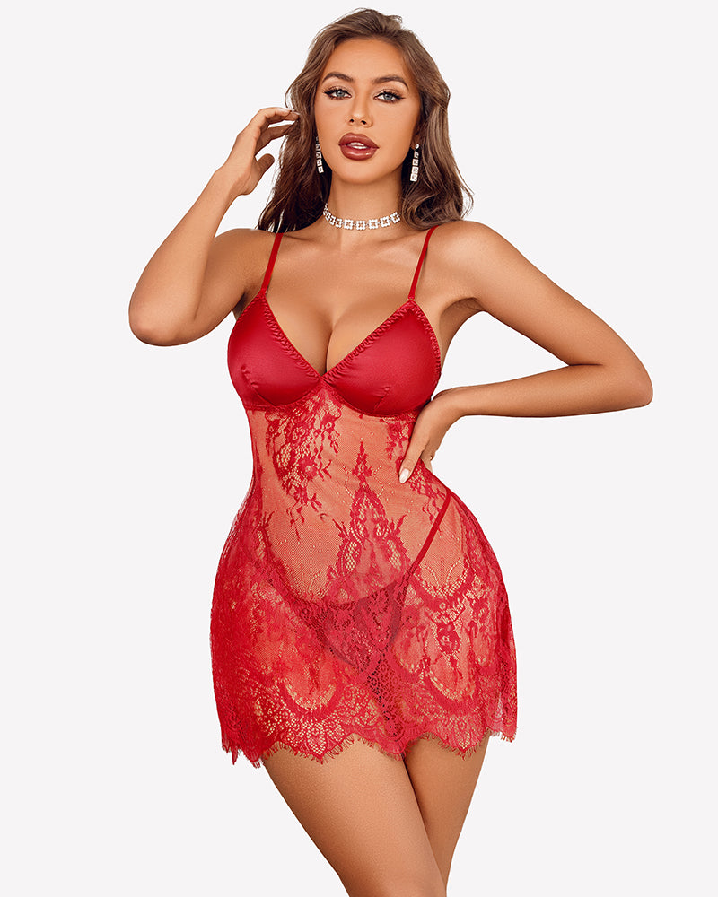 Red satin-bust lace babydoll dress with thong; V-neck, thin straps