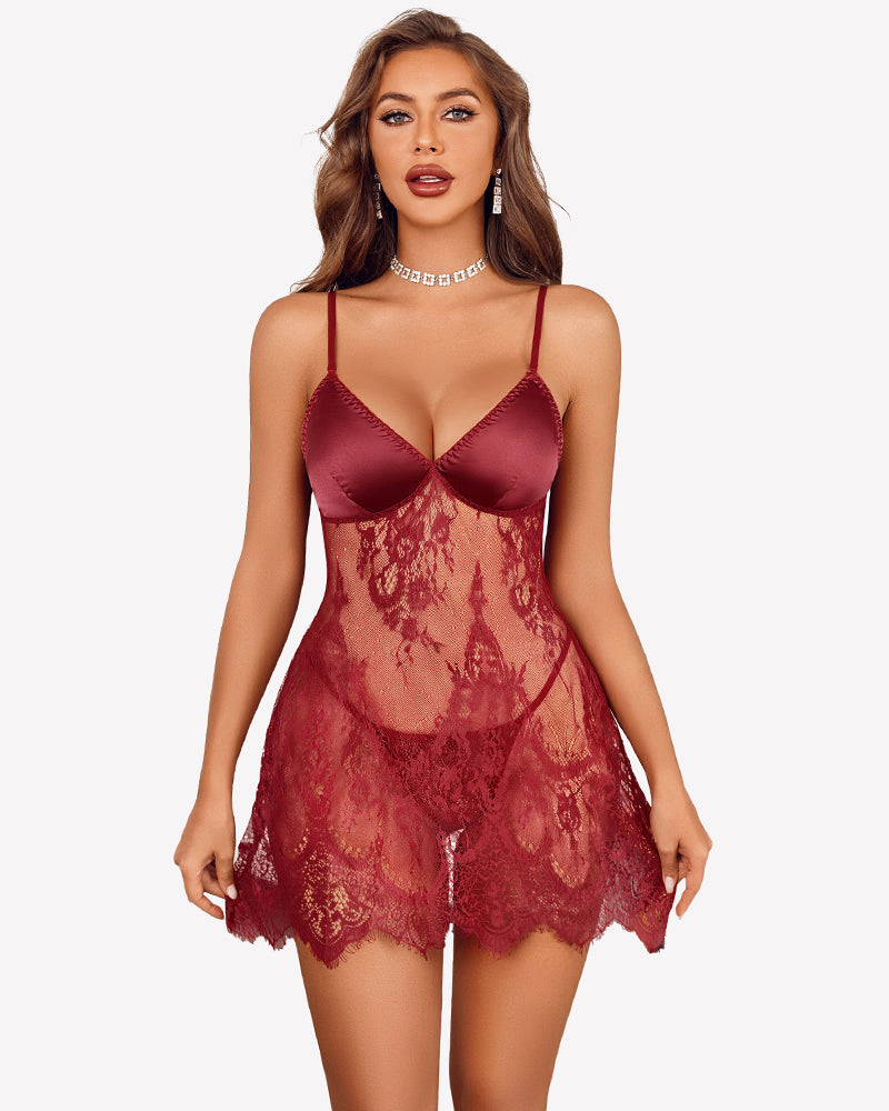Burgundy lace babydoll chemise with satin bust cups, thin straps and V neckline