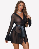 Black sheer mesh robe nightgown with ruffled plunge neckline and tie belt, thong set