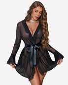 Black sheer mesh robe nightgown set with ruffled V-neck and tie waist, thong