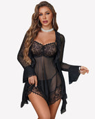 Black sheer mesh robe nightgown with lace bust and tie waist, matching thong set