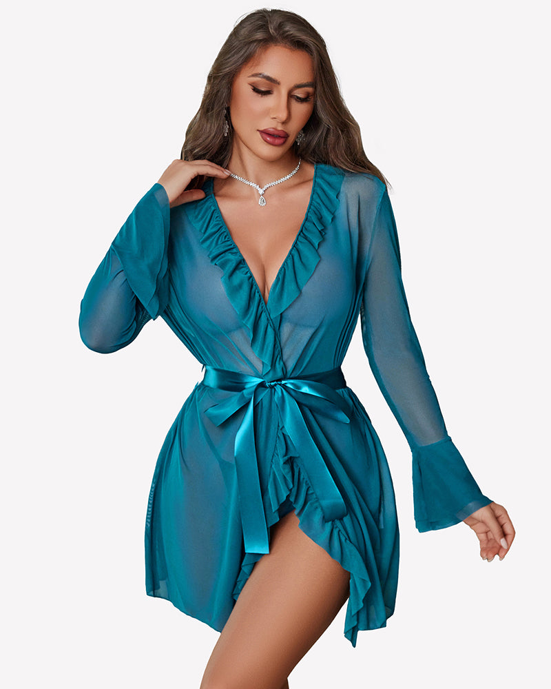 Teal satin robe nightgown with deep V neckline and tie belt, long bell sleeves