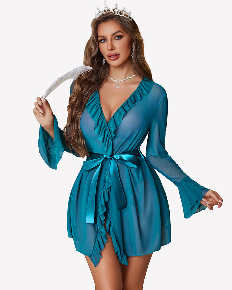Teal robe nightgown set with V-neck, ruffle trim, long flared sleeves, tie belt
