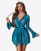 Teal robe nightgown set with V-neck, ruffle trim, long flared sleeves, tie belt