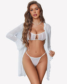 White sheer robe set with long sleeves, open-bra top, and matching thong