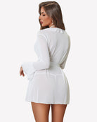 White sheer robe nighty set with ruffle trim, tie waist, long sleeves