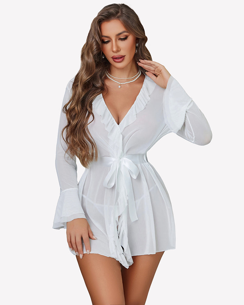 White sheer robe nightgown set with ruffled V-neck and tie waist, thong set